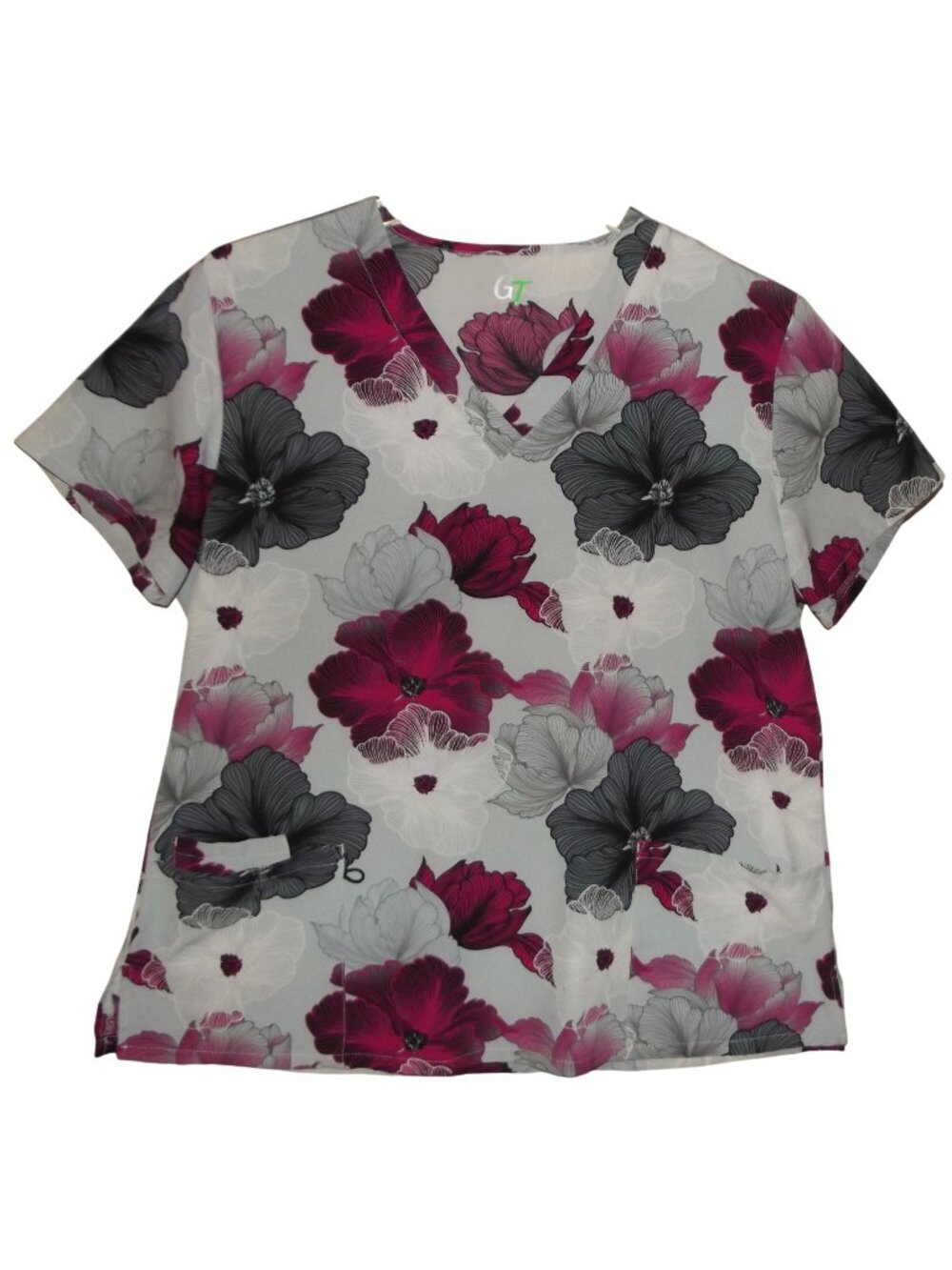Green Town Scrub Top Womens Size XL Gray Floral v-neck 3-pocket polyester
